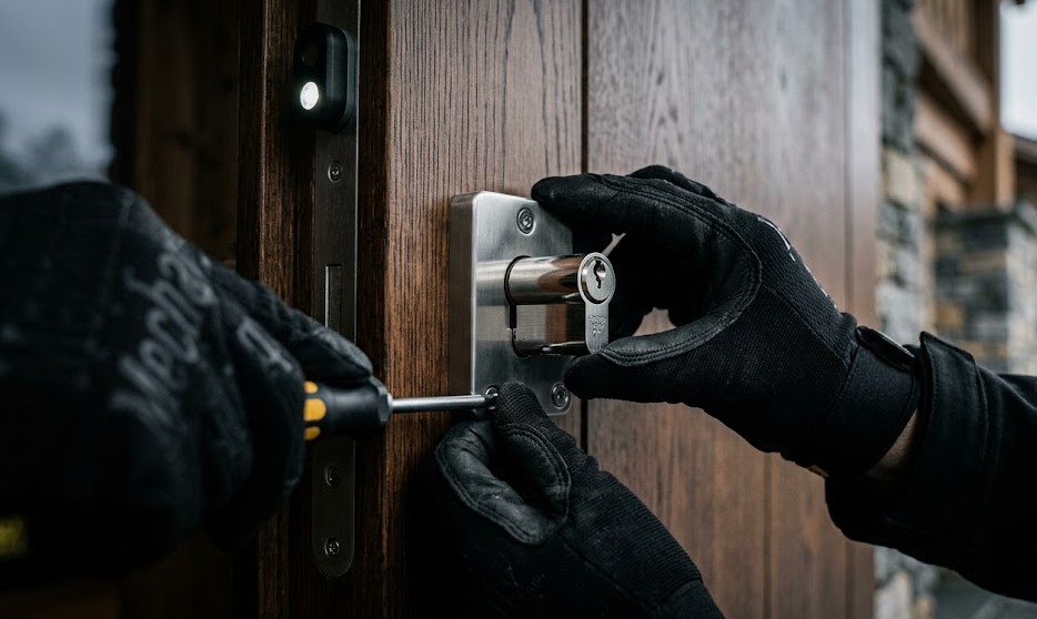 Especialista Cerrajero instalando cerradura premium de alta seguridad en puerta de chalet en Gorráiz, Navarra